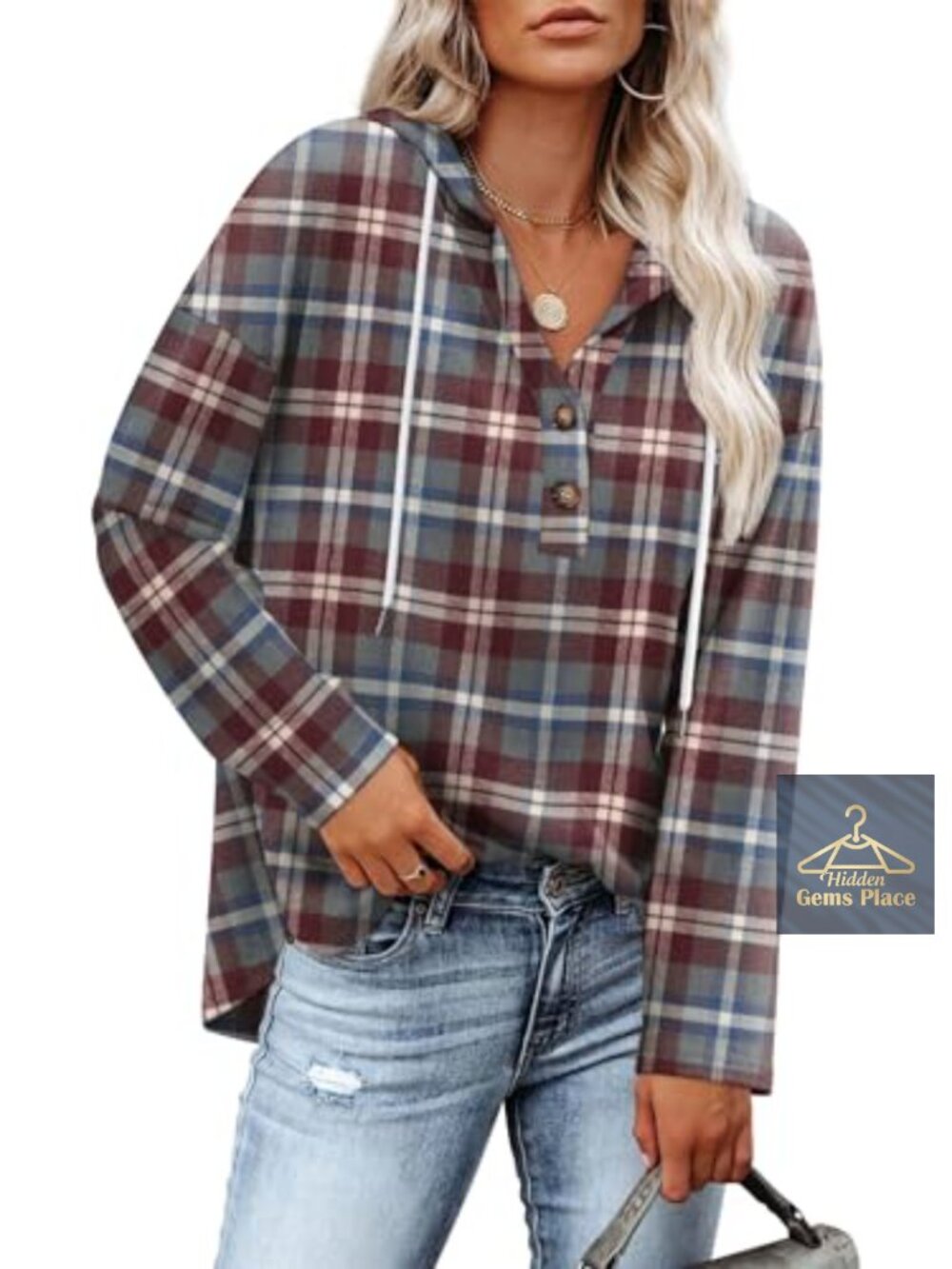 V Neck Hooded Sweatshirt Pullover Tunic Loose Flowy Fit Long Sleeve Plaid Top